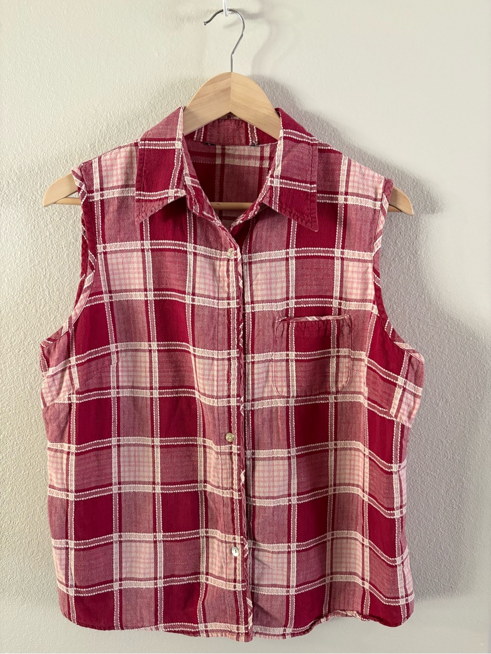 Sleeveless Red Plaid Button-Up Shirt